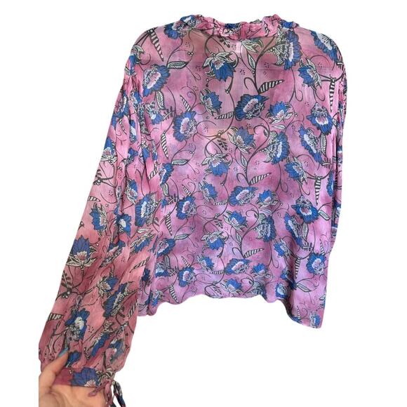 Cleobella Emily Blouse Top Lotus Print Long Sleeves Flowy Pink Blue Size XL - Picture 7 of 12